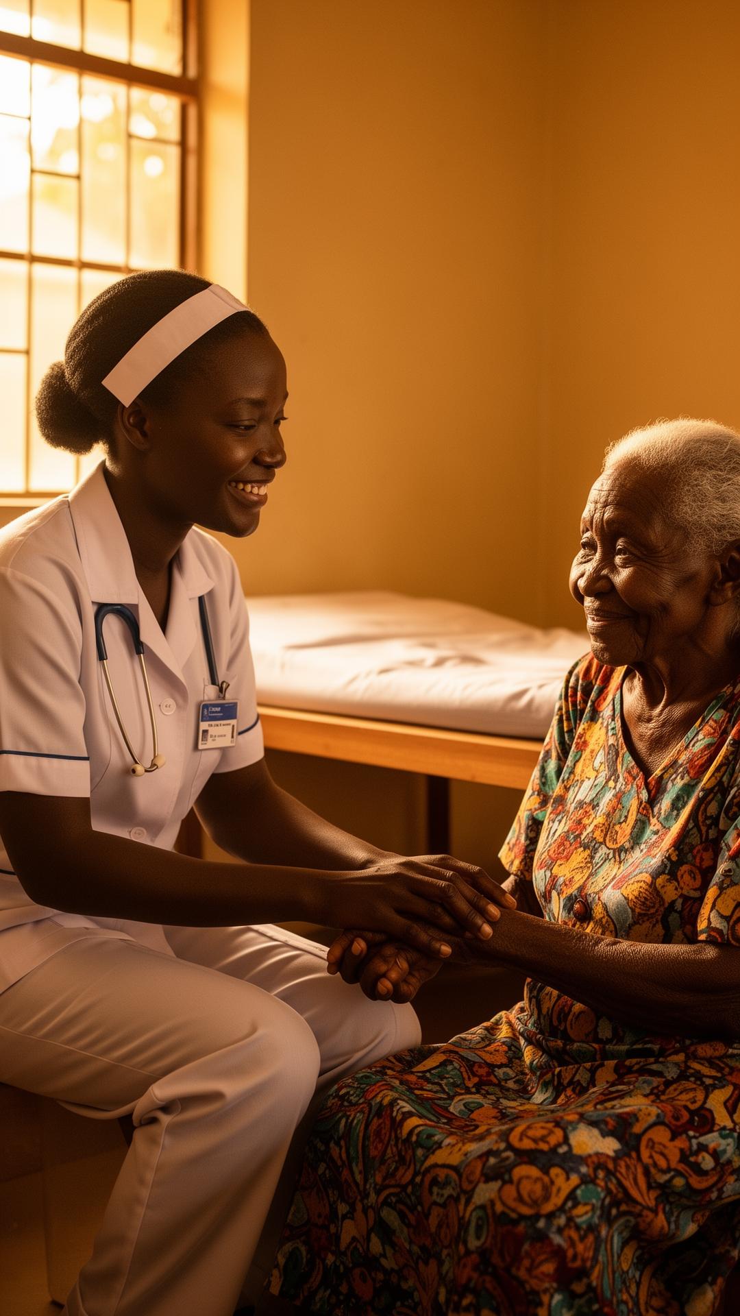 A nurse warmly holding the hand of an elderly patient